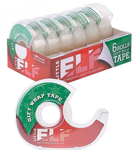 Little ELF Gift Wrap Tape, 6 Rolls, 3/4 x 650 Inches, Clear, Transparent Tape for Wrapping Paper, Christmas, Holiday