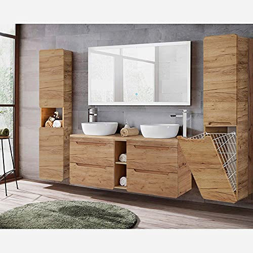 Lomadox Badmöbel Komplettset Eiche, 141 cm Waschtisch-Unterschrank mit Regal, 2 Keramik-Waschbecken, 140 cm LED-Spiegel mit Touch-Funktion, 2 Hochschränke