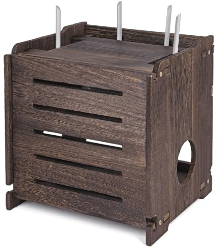 BEARUT Wooden Wireless WiFi Router Storage Box Modem Router Cover Wood Shelf Power Strip and Cable Management Hider Rack Office Desktop Organizer Shelves Rural Need Assembly