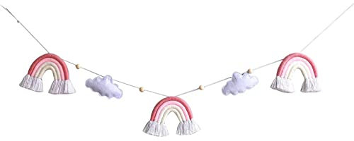 EXQULEG Makramee Wandbehang,Regenbogen-Quasten-Girlande mit Holz,Handgewebte Boho Wandteppiche Decoration für Haus Kinder Zimmer Dekor (05)