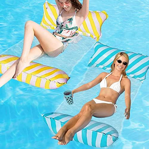 4 i 1 simmadrass, vattenhängmatta, simhängmatta, blå gul | Vattenhängmatta för vuxna och barn, flytande loungestol, strandmatta, pool uppblåsbar hängmatta