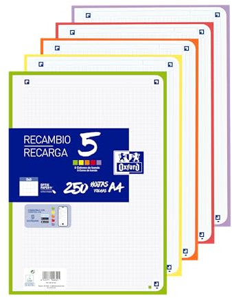 Oxford Hojas Cuadriculadas A4 Perforadas, Recambio Archivador, 250 Hojas, Cuadrícula 5x5, 5 Colores Vivos de Banda