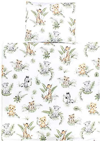 TupTam Wiegenset, Safari/Löwe/Braun/Blätter/Grün, 80x80 cm | Baby 4-teilig Unisex Bettwäsche-Set: Bettdecke und Kopfkissen mit Bezug