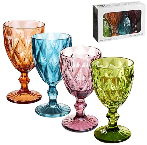 Vintage-Weingläser, 4 Stück, Kunststoff, wiederverwendbar, 340 ml, farbige Wasserkelche, einzigartiges geprägtes Muster, unzerbrechliche Glaswaren, hochtransparent, Trinkbecher, mehrfarbig