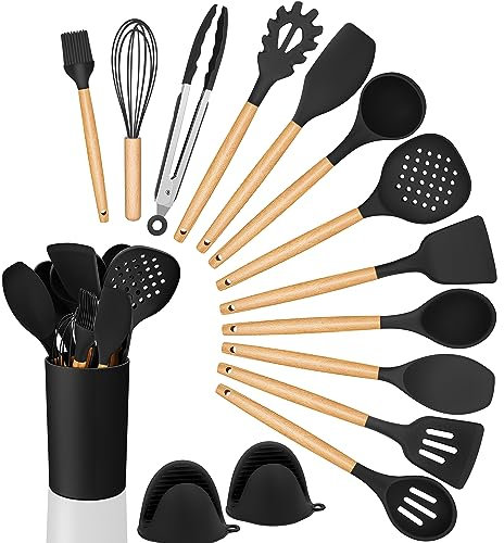 Homikit Küchenhelfer, 15-teiliges Schwarz küchenutensilien Set mit Holzgriff, Antihaftes Silikon Kochutensilien Set mit Utensilienhalter, küchenutensilien, Hitzebeständiger, Leicht zu Reinigen
