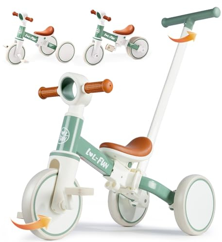 LOL-FUN 5 in 1 Toddler Tricycles for 1-3 Year Olds Boys Girls Toy, Baby Balance Bike 1 Year Old Kids Gift with Parent Steering Push Handle