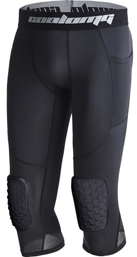 COOLOMG Youth Basketball Leggings with Knee Pads Boys Padded Compression Pants Black M