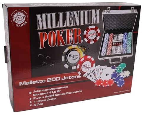 MGM GAMES-Valigetta con 200 fiches da poker-Multicolore-140200-Gioco di carte-Metallo-2-6 giocatori-Carte da gioco-Giochi da tavolo-11,5 g-30 cm x 21 cm, Colore No, 140200