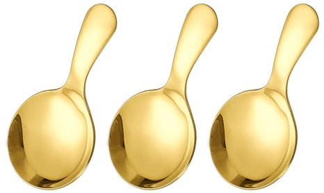 3Pcs Metal Short Handle Spoons Polishing Cutlery Stainless Steel Mini Teaspoon Dessert Coffee Serving Sugar Spoons Gold Round Condiments Spoons