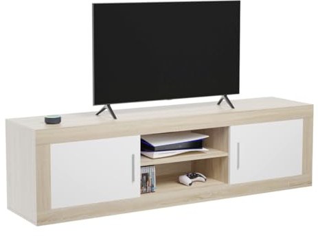 amuéblate online - Mueble de TV Moderno Modelo Indiana, 2 Compartimentos de Almacenamiento y 2 Puertas, Color Cambria - Blanco, Medidas: 50cm (Alto) x 180cm (Ancho) x 41,4cm (Fondo)
