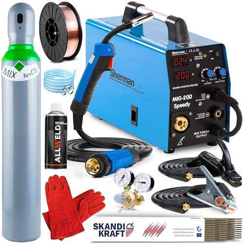 ALLWELD Sherman MIG 200 Speedy - 3 in 1 Inverter MIG MAG Schweißgerät mit Schutzgas, Fülldraht Schweißgerät und Elektroden Schweißgerät (MMA) - IGBT Technologie - Set:Professional