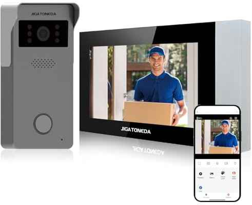 JIGATONEDA Video Türklingel mit Kamera, WiFi Verbindung Video Türklingel mit Gegensprechanlage, Bewegungsmelder Türklingel für Sicherheit, IP65 Wetterfest, 7 Zoll Touchscreen, 1080P