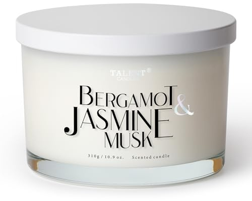 Duftkerze, TALENT-Kerzen, 100% natürliches Sojawachs, 3 Dochte, parfümierte Kerzengeschenke für Frauen und Männer, Einweihungskerzen, 10,93 oz Glaskerze, Bergamotte und Jasmin-Moschus