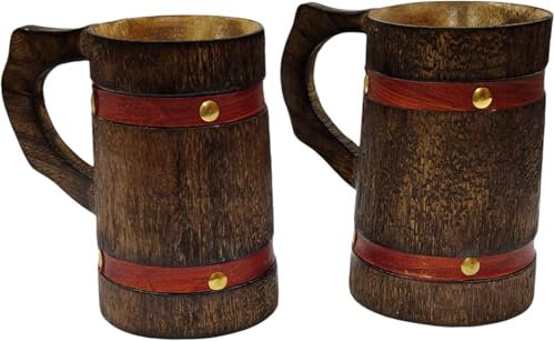 NAVIROCK Vintage Style Handmade Wooden Beer Mug Tankard Eco- Friendly Souvenir Retro Stein,Wooden Teacups Coffee Mug Wine Mug for Drinking Tea Coffee Wine Beer Hot Drinks, Set of 2