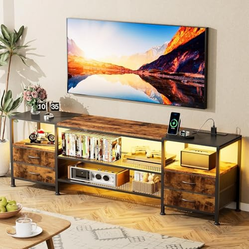 ARunThLana Meuble TV pour TV Jusqu’à 70 Pouces, Meuble TV avec Prises de Courant et Ports USB, avec 4 tiroirs, éclairage LED RVB à Couleur réglable, pour Salon ou Chambre à Coucher (Bois)