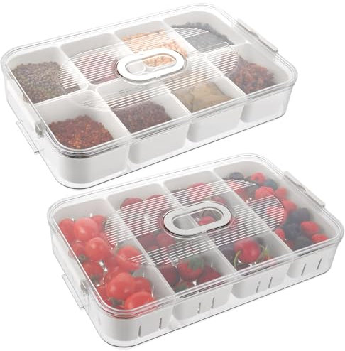 LOPYXBR 2 Stück Snackbox mit Fächern, Snack Aufbewahrungsbox, Snackschale mit Deckel mit 8+4 Fächern, snackteller mit fächern für Snacks, Obst, Nüsse und Gewürze(34x21,3x6cm, Weiß)