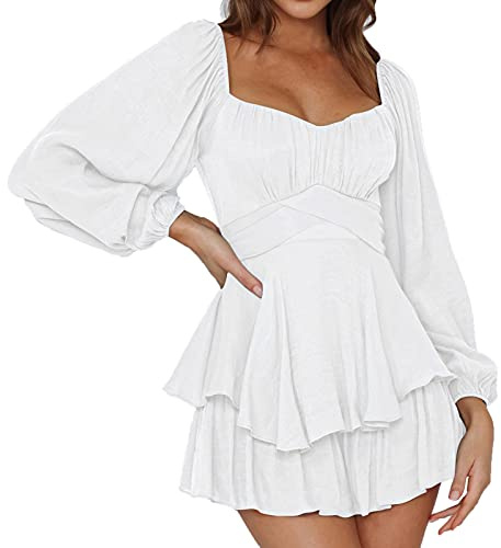 Piratenkostüm Damen Swing Rüschenkleid mit Langen Puffärmeln Off Shoulder Slash Neck Skaterkleid Einfarbiges A Linien Kleid Knielanges Patchwork Kleid Kurz Cocktailkleid Party Karneval Kostüm Damen