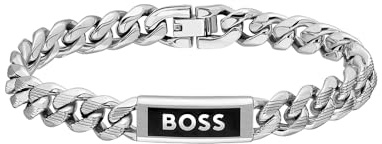 BOSS Jewelry Gliederarmband für Herren Kollektion KASSY EMBLEM aus Edelstahl mit einem Anhänger aus Schwarzem Emaille – Erhältlich in Verschiedenen Größen