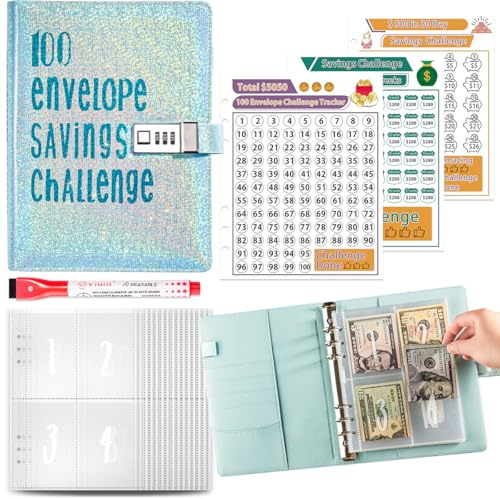 100 Budget Enveloppe Challenge,A5 Argent Economie Pochette Tirelire Classeur,Epargne Boite Carnet Planner Defi,Monnaie Organisateur Portefeuille Agenda,Cash Saving Filofax Binder,pour d'Économie,Bleu
