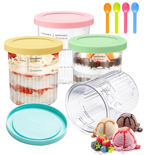 Forbabe 4 behållare för Ninja Creami Deluxe Pints, återanvändbara isbehållare för NC500 NC501-serien muggar för ninja glassmaskin med 4 skedar glassbehållare med lock för Ninja Creami-behållare