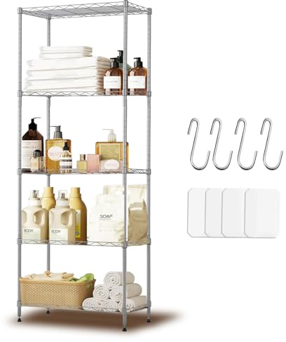 Uptyia Scaffali portaoggetti a 5 livelli con 4 ganci, scaffalature metalliche con rivestimento in PP, ripiano regolabile per bagno, 40 x 60 W x 150 H, argento (40 x 60 W x 150 cm)
