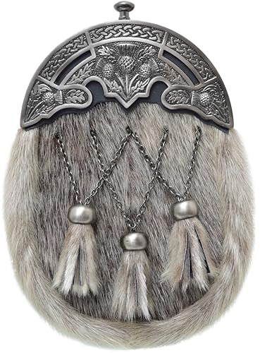 Scottish Full-Dress Kilt Sporran for Men – Black Fur with Antique Pewter Thistle Cantle and Leather Chain Belt – Handcrafted Traditional Highland Accessory (Thistle Cross Tassles - Brown)