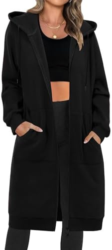 RITOSTA Damen Kapuzenjacke Lang Sweatjacke mit Kapuze Hoodie Jacke Herbst Winter Frühling Mantel Sweatshirts Langarm Kapuzenpullover Strickjacke mit Reißverschluss Taschen