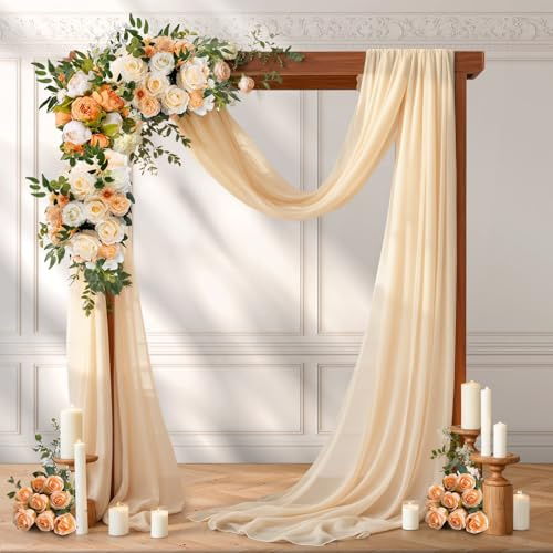 32.8ft Wedding Arch Draping Fabric & 2 Ribbons, Ultra-Long Champagne Arch Drapes Chiffon Fabric Drapery for Wedding Sheer Backdrop Curtains for Reception Ceremony Archway Ceiling Decor