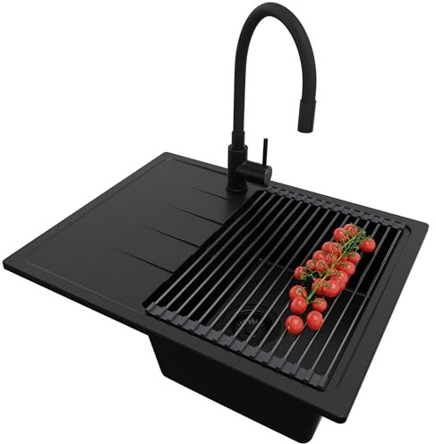 PRIMAGRAN Lavandino da Cucina al Mobile 40cm + Rubinetto, 62x50cm | Set: Rubinetto BW6020 + Kit di scarico + Scolapasta avvolgibile + Lavello in Granito a 1 Vasca - Milano, Tutto Nero