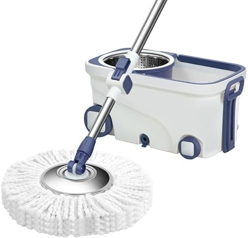 Ensemble de Vadrouille et Seau Essoreur en Microfibre, Balai Serpillière Rotative 360° avec 4 Roues, Vadrouille à Essorage Automatique avec 2 Têtes de Rechange pour Nettoyage de Sol
