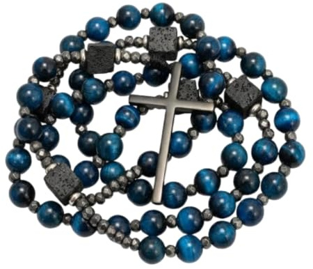 Nazareth Store Herren-Rosenkranz-Halskette, schwarzer Onyx oder Tigerauge, Perlen mit schwarzem Legierungskreuz, katholischer, christlicher, religiöser Schmuck, Geschenk für Ihn