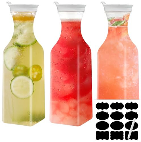 1.5L / 50 Oz Water Carafe Pitcher, 3 Packs Square Base Juice Containers for Fridge, Juice Jugs with Flip Top Lid, Clear Plastic Pitcher for Iced Tea, Powdered Juice, Cold Brew, Lemonade