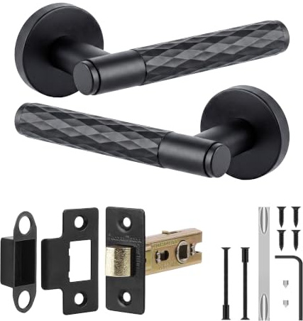 Decoranddecor Matt Black Door Handles Internal Fire Rated Latch Set | CE marked, 44 mm backset latch, built to last Internal Door Handles, fits 35-45 mm doors, Tore Range