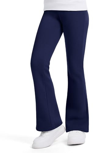 KEREDA Girls Flared Fleece Lined Leggings Kids Cotton Winter Thermal Trousers Warm Thick Plain Leggings for Children Age 5-13 Years Black Navy