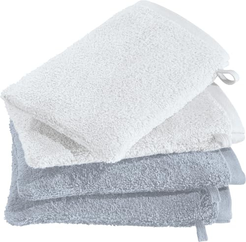 Erwin Müller Waschhandschuhe Bühl 4er-Pack weiß/Silber Größe 15x21 cm - besonders flauschig, voluminös, äußerst saugfähig