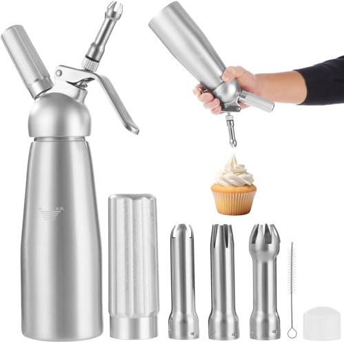 Whipped Cream Dispenser Set, 500 ml/1 Pint Professional Aluminum Cream Whipper with 3 Decorating Nozzles and Small Cleaning Brush for Desserts, Cakes Decoration
