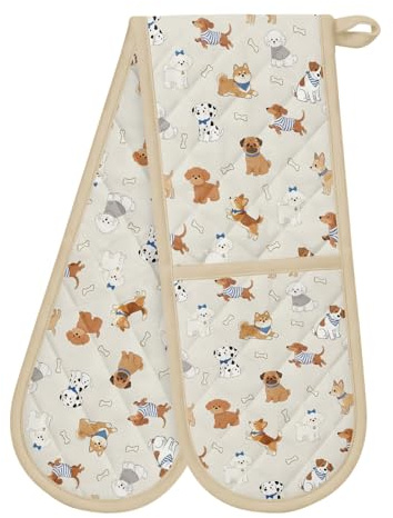 Dog Oven Mitts Heat Resistant Dog Lover Gfts Double Oven Gloves with Loop Non-Slip Cute Dogs Design Cotton Gloves Extra Long for Kitchen Cooking Baking Barbecue Grilling