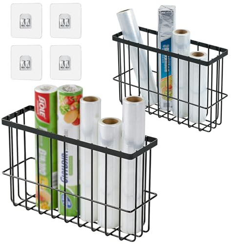 Küchenschrank Organizer für Folien Alufolie Metallkörbe 2er Set ohne Bohren | Schranktür Organizer mit Klebehaken, 2 Größen und luftdurchlässiger Struktur, rosthemmende Beschichtung für Backpapier Beutel
