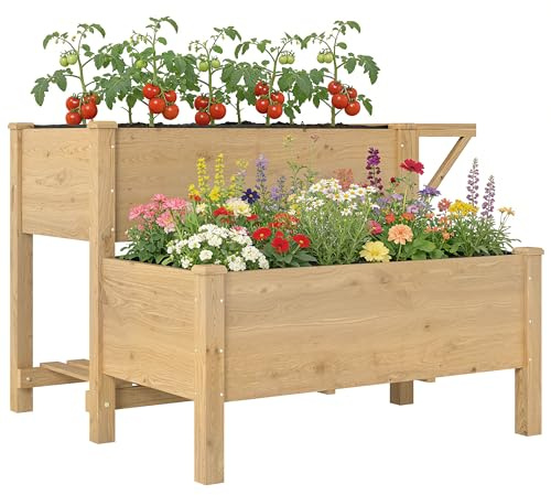 Outsunny Potager sur Pieds à 2 Niveaux, Jardinières surélevées avec étagères en Bois avec Doublure et Trous de Drainage pour Fleurs et légumes, 119,5 x 102 x 76,5 cm, Marron Clair