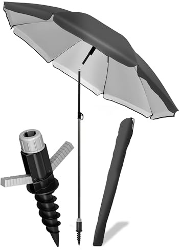 4smile Sonnenschirm Strand Ø 180 cm mit Bodenhülse, 3-IN-1-SET, Anthrazit | UPF 50+ Strandschirm + Sonnenschirm Schutzhülle + Sonnenschirm Bodenhülse - Strandschirm windfest stabil, Sonnenschutz Strand