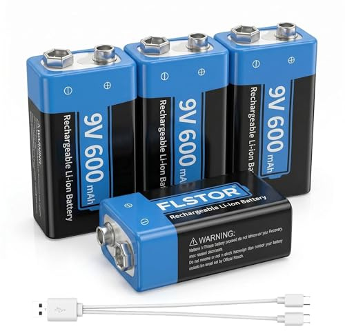 FLSTOR 4 Pack 600mAh 9V Battery Rechargeable 9 Volt Li-ion Block Battery | Universal for Alarms, Toys, Multimeters,Walkie-Talkies and More