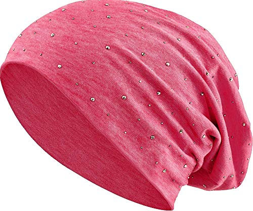 Jersey Baumwolle elastisches Long Slouch Beanie Unisex Herren Damen mit Strass Stern Steinen Mütze Heather in 35 (7) (Heather Red)
