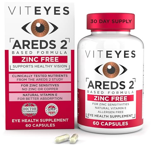 Viteyes AREDS 2 Zinc Free Macular Support, Natural Allergen Free Capsules with Vitamin E, Vitamin C, Lutein & Zeaxanthin, No Zinc, No Copper, Eye Doctor Trusted, Manufactured in the USA, 60 Ct