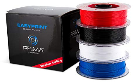 PrimaCreator EasyPrint PLA Value Pack Standard - 1.75mm - 4x 500 g (Total 2 kg) - Weiß, Schwarz, Rot, Blau