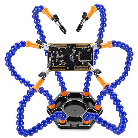 Lötstation mit sechs flexiblen Armen Metallsockel Lötwerkzeug 6 Löthilfe Schraubstock Aluminium Basis Hobby Messer zum Löten, Montage, Modellieren, Blau 1