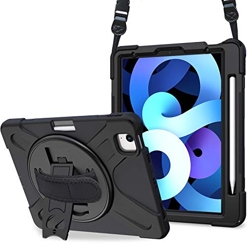 ProCase Stoßfest Robust Hülle für iPad Air 5 Gen 2022/4 Generation 2020 10.9 Zoll Schutzhülle mit 360°Drehstand verstellbar Schultergurt, Heavy Duty Case Hybrid Full Body Cover -Schwarz