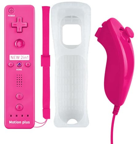 QUMOX 2-in-1-Controller für Wii, Nunchuck-Controller, Fernbedienungs-Konsole, eingebauter Motion Plus, mit Schutzhülle aus Silikon für Wii und Wii U, Rosa