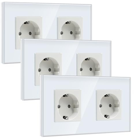 BSEED Prise Murale Schuko 2 Gang, Prise en Verre 16Amp avec Plaque en Verre Cristal 86 mm, Rallonge Murale, Blanc 3 Pack
