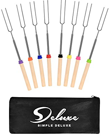 Simple Deluxe Marshmallow Roasting Sticks with Wooden Handle Extendable Forks Set of 8Pcs 32Inch Telescoping Skewers for Stove, 32 inch, Campfire Cooking Equipment