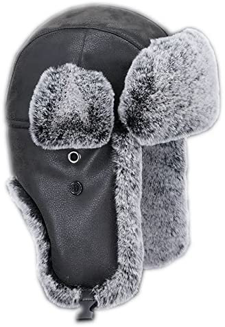 WHSPORT Warme Leder Trappermütze mit Kunstleder Bomber Hut Unisex Fliegermütze ​Fellmütze Erwachsenen für Männer (Color : Black, Size : 56cm/22.04in)